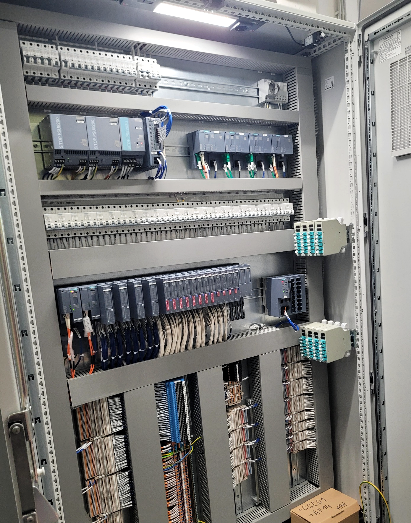 Kontrol panosu içinde PLC, I/O, saha bağlantı ve ağ bileşenleri